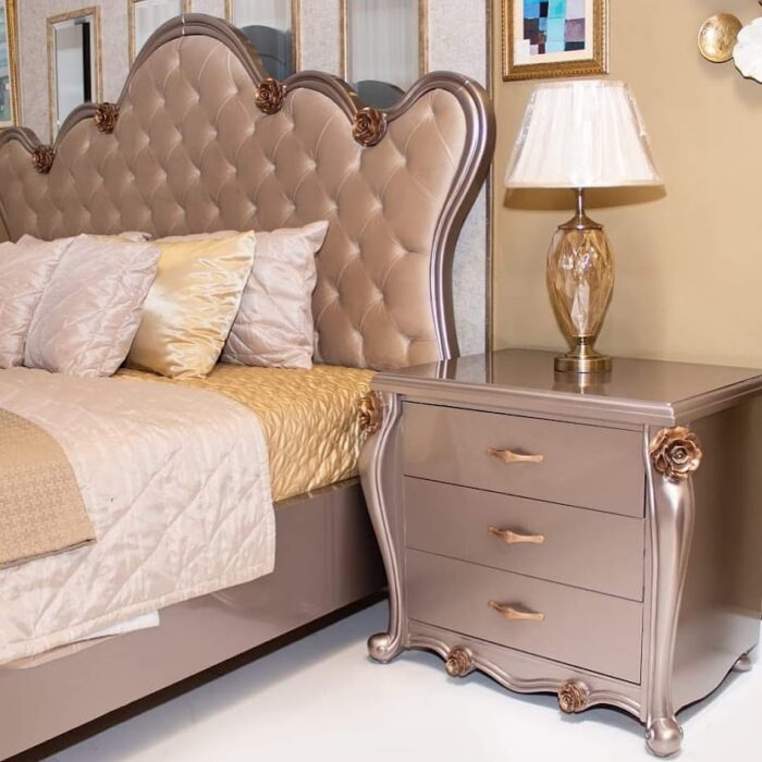 Elegant Beige Tufted Bed Set With Floral Accents & Silver Trim
