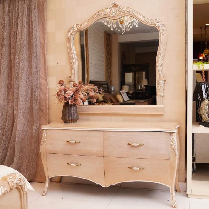 Classic Ivory Carved Bed Set With Luxurious Soft Rose Accent