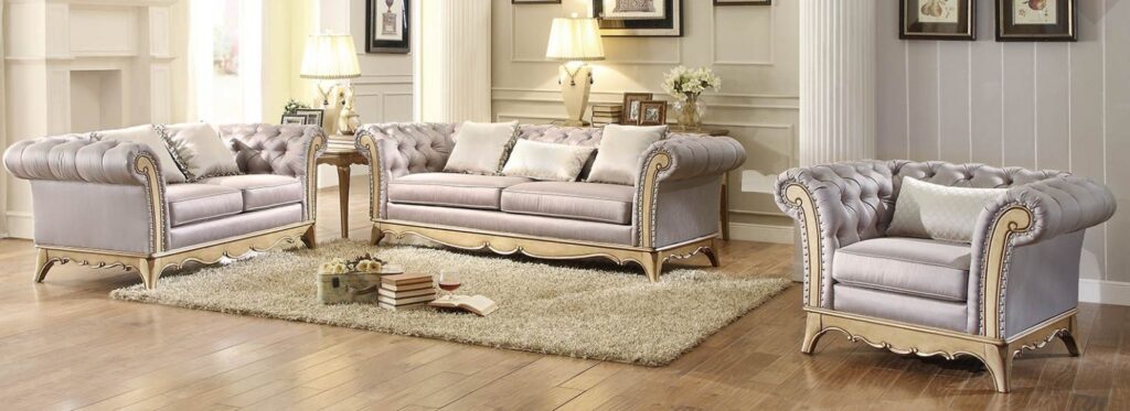 Elegant Tufted Sofa Set with Gold Trim - Home Interior