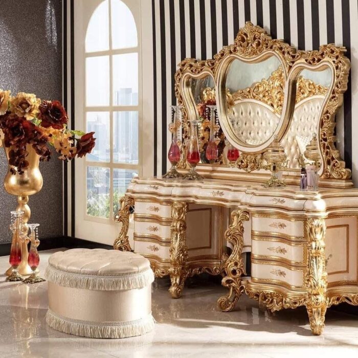 Luxury Gold Upholstered Bed with Ornate Details