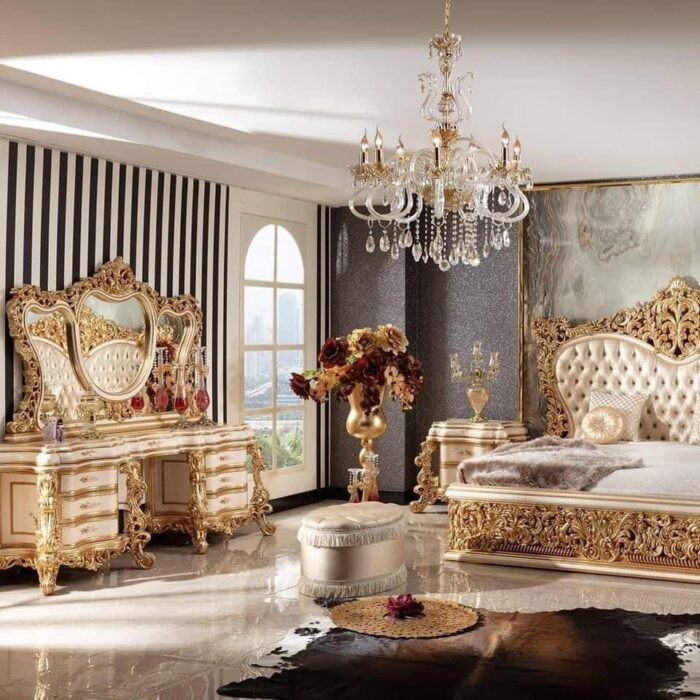 Luxury Gold Upholstered Bed with Ornate Details