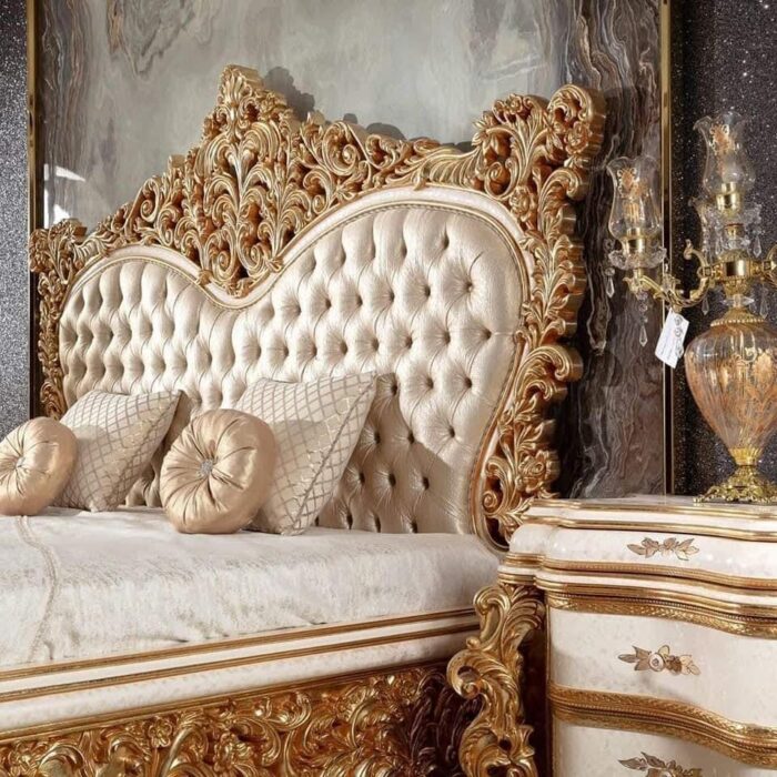 Luxury Gold Upholstered Bed with Ornate Details