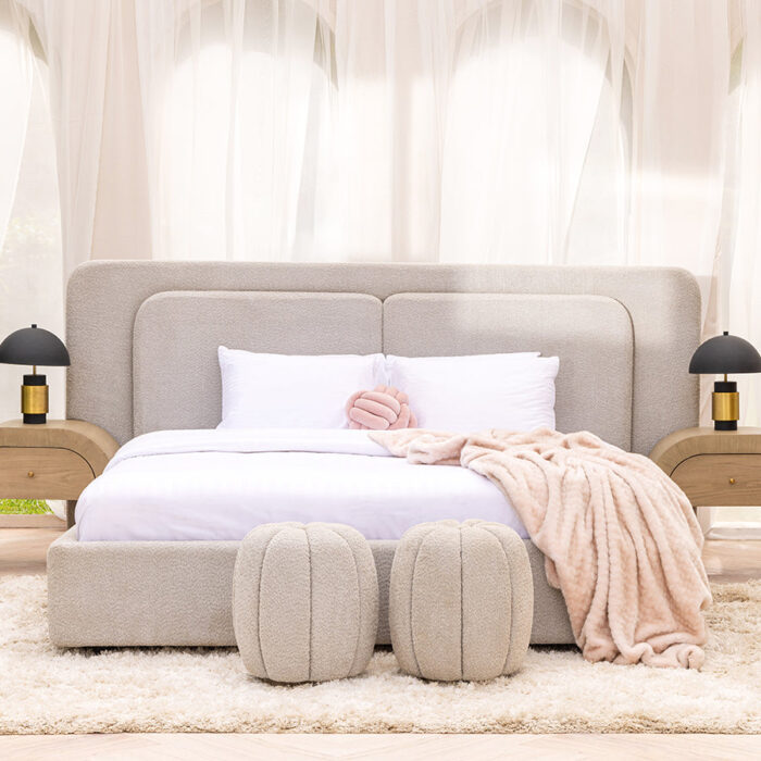 "Cozy vibes 💤✨! Soft beige headboard, fluffy white bedding,