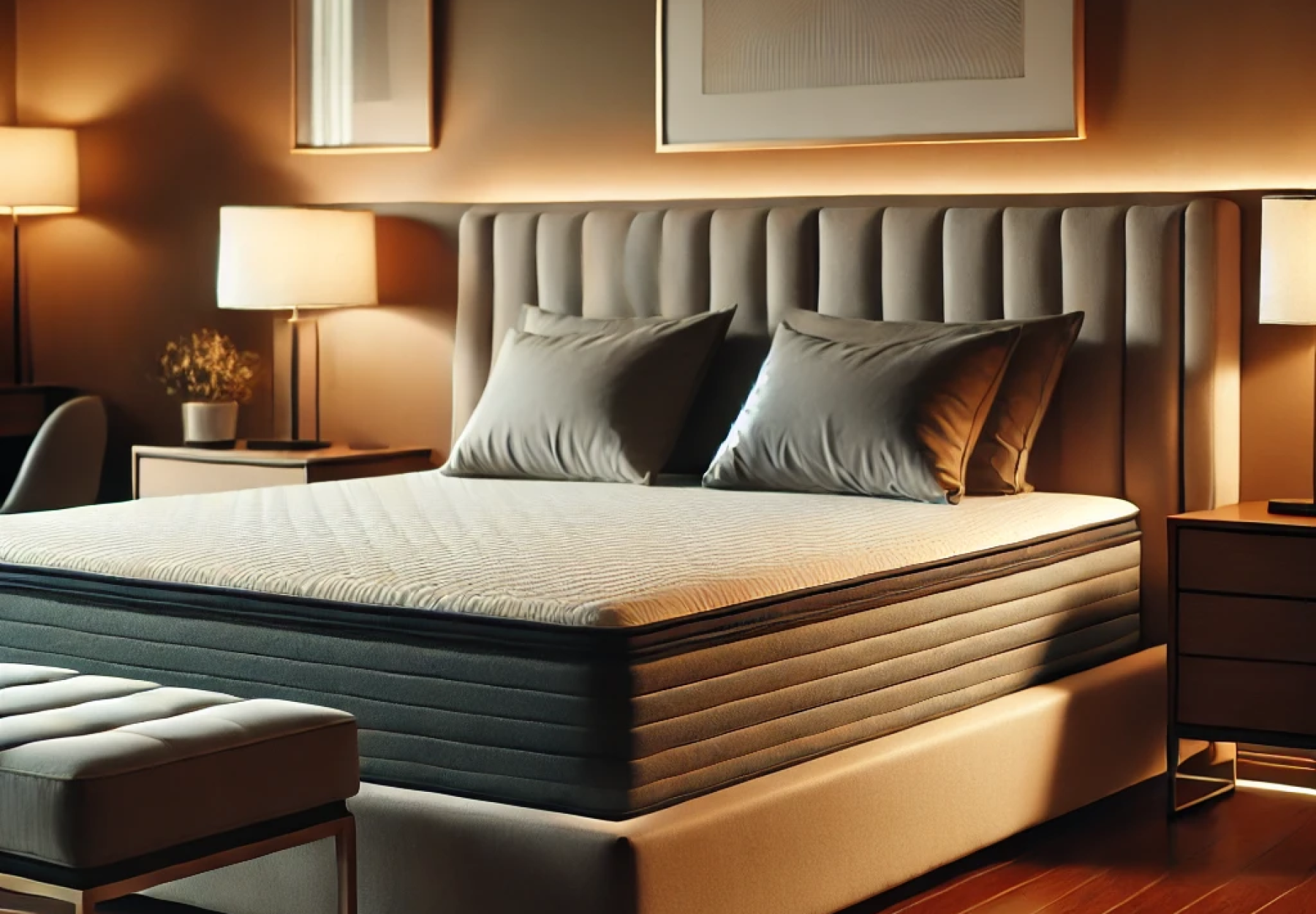 DALL·E 2024-11-07 02.35.26 - A cozy and stylish bedroom with modern furniture, including a sleek bed frame, a plush mattress, and two matching nightstands with lamps. The bedroom